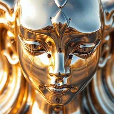 The primary subject of the image is a statue of a woman with a tear on her face. The statue is made of gold and has a reflective surface, giving it a shiny appearance. The setting is a room with a wall behind the statue, and the visual style is a combination of photo and digital art. The colors and mood of the image are warm and emotional, with the gold color evoking a sense of elegance and the tear symbolizing sadness or vulnerability.